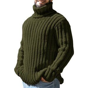 Men's Pullover Green Turtleneck Sweaters Knitted Long Sleeve Fit Chunky Winter